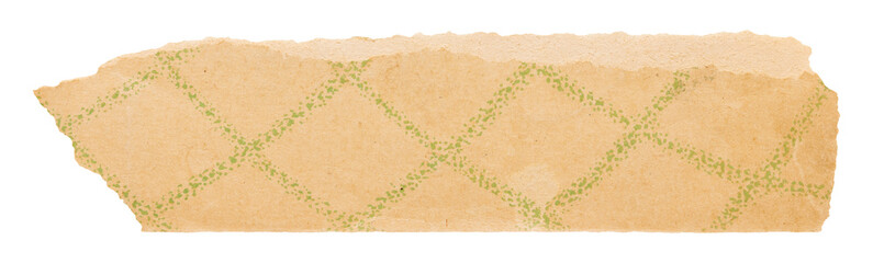 Torn strip of yellowed vintage book sheet, old paper with green mesh pattern isolated for collage