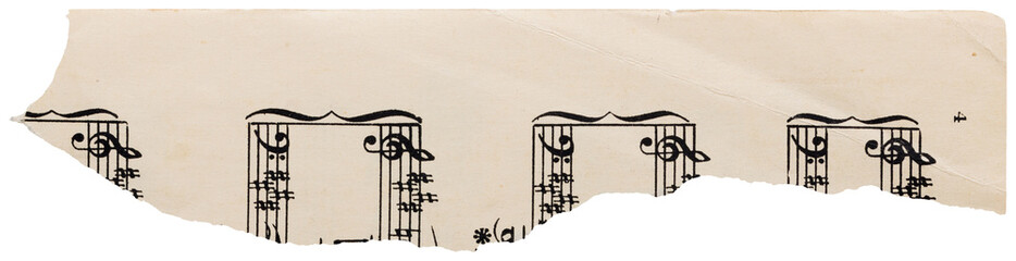 Ripped strip from music sheet, old vintage faded piece of paper with notes isolated for scrapbooking