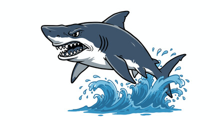 Fierce great white shark leaping from ocean waves, depicted in a dynamic cartoon vector illustration with sharp teeth and an aggressive expression.