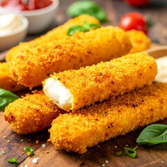 Crispy cheese-coated fish fingers on a wooden board