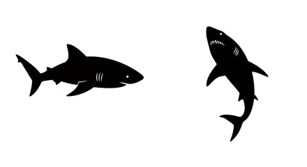 A vector image displays two shark silhouettes in black against a clean white backdrop, one swimming horizontally and the other leaping upwards with an open mouth.
