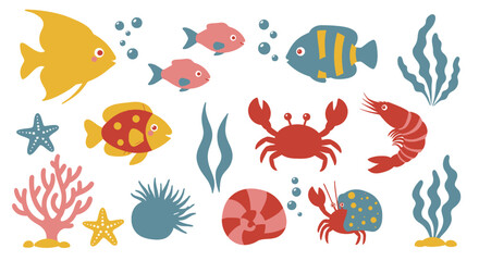 A vibrant vector illustration showcases a diverse collection of sea creatures, including colorful fish, a crab, shrimp, and starfish, set against a clean background.
