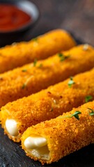 Crispy, cheesy rolls on a dark stone platter