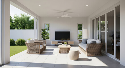 A bright, modern outdoor patio with wicker furniture, a large TV, and sliding glass doors leading to a lush green yard. Clean lines and a minimalist design create a relaxing atmosphere.