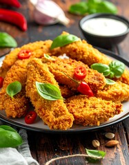Crispy chicken tenders piled high on a plate, garnished with chili peppers and basil