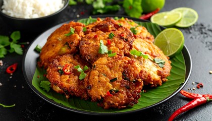 Crispy fish cakes served on a banana leaf, with rice and lime