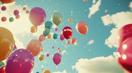 Obraz premium Colorful Balloons Floating in Blue Cloudy Sky for Celebration Backdrop