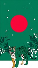 Green background with tiger and red circle,  floral elements