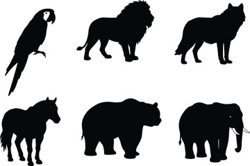 Collection of wild animal silhouettes including parrot, lion, wolf, horse, bear, and elephant vector illustration for design and decoration