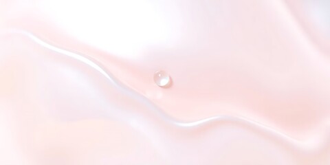 A single, clear droplet rests on a soft, undulating surface of light pink and white, resembling satin or liquid.