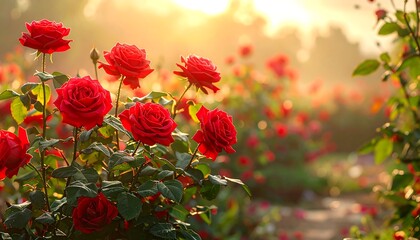 Sunlit red roses bloom in a lush garden