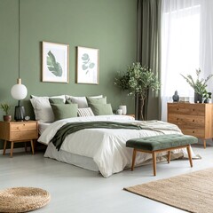 Green bedroom with art and wooden furniture