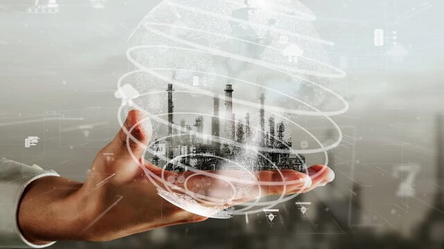 Future factory plant and inventive energy industry concept in creative graphic design. Oil, gas and petrochemical refinery factory with hologram showing next generation of power and energy business.