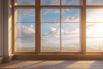 Sunlit Serenity - Golden Light Streams Through a Window onto a Floor, Overlooking a Dreamy Sky.