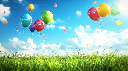 Festive Balloons Floating in Bright Sky Above Green Grass