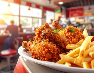 Crispy fried chicken and fries on a plate in a diner