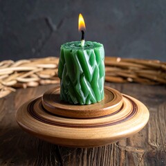 Green candle on wooden stand