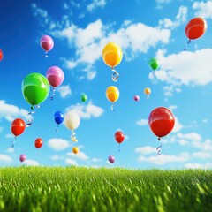 Floating Colorful Balloons on Green Meadow Against Bright Blue Sky