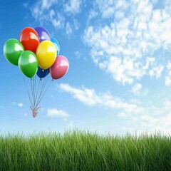 Colorful Balloons Floating Above Green Grass Against Bright Blue Sky