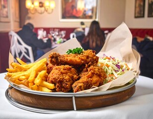 Crispy fried chicken, fries, and coleslaw on a tray