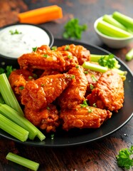 Crispy fried chicken wings with celery and ranch dip
