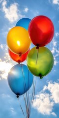 Colorful Balloons Floating Against Blue Sky with Clouds and Sun