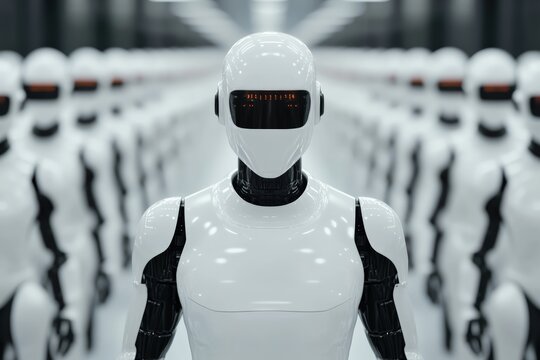 Robot army standing in a row, representing artificial intelligence, technology advancement, and a futuristic workforce