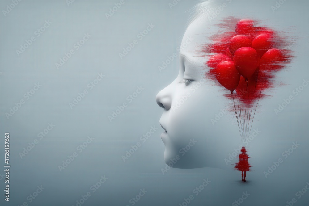 Poster deep reflections in a child's mind captured through the ethereal blending of bright red balloons flo