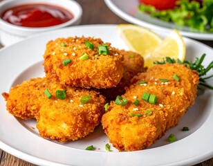 Crispy fried fish nuggets on a plate