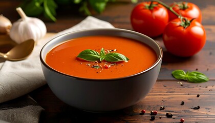 Creamy tomato soup with basil garnish in a gray bowl on a wooden surface