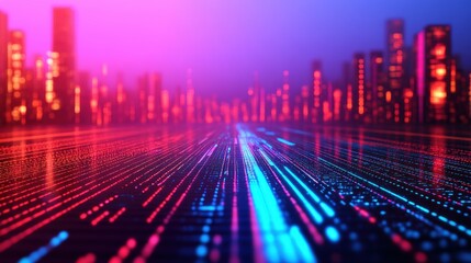 Digital city with glowing skyscrapers and abstract lines representing data traveling fast on a network