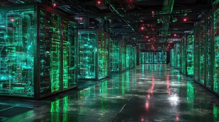 Fototapeta premium Intricate Server Room, Glowing Green Technology, Dark Corridor.