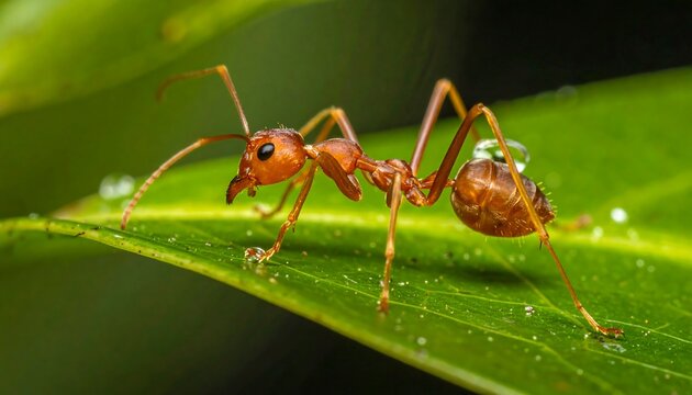 Red ant on leaf with water droplets