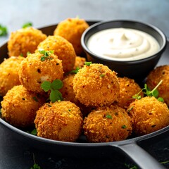 Crispy, golden balls of food with creamy dipping sauce