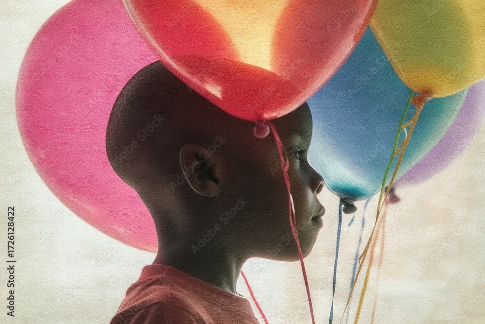 Poster a young boy with a thoughtful expression stands in profile while holding colorful balloons against a