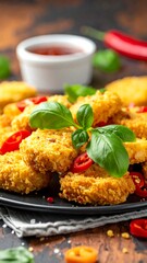 Crispy golden fried patties garnished with chili peppers and basil
