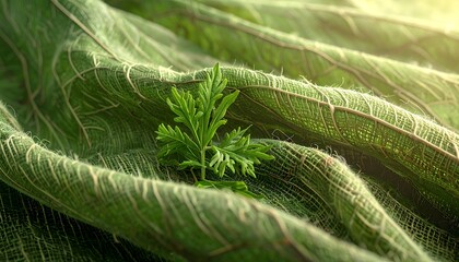 Green fabric texture with a small plant