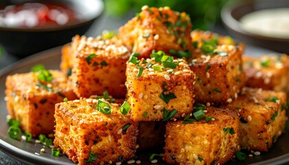 Crispy, golden-brown cubed food, garnished