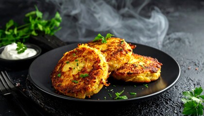 Crispy potato pancakes on a dark plate, with creamy sauce and fresh herbs