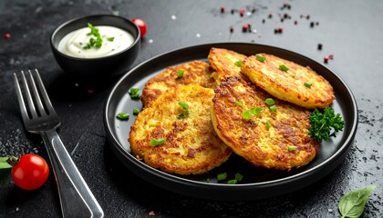 Crispy potato pancakes served on a plate with a side of sour cream