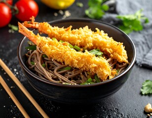 Crispy shrimp over soba noodles