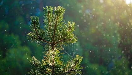 Pine sapling, lit from above in a bokeh-filled forest, with a cobweb on it's branches