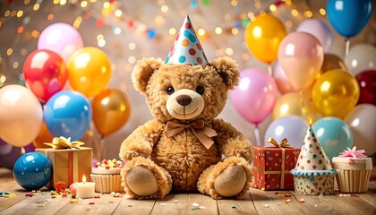 Festive teddy bear surrounded by birthday decorations