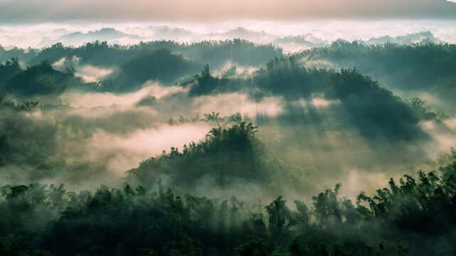 Aerial view of sunrise illuminating misty forests and rolling hills in Er Liao Zuozhen District Tainan Taiwan. Golden light pierces fog creating a serene sea of clouds atmosphere.