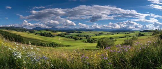 Panoramic View of Lush Green Fields Under Dramatic Cloudy Sky.