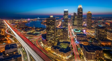 Fototapeta premium Skyline at Dusk: A sprawling cityscape glistens under a vibrant dusk sky.