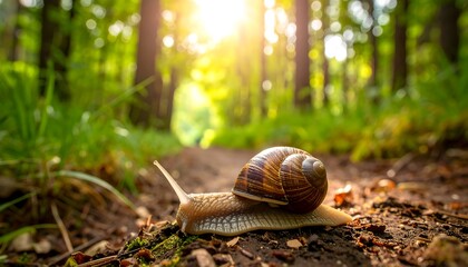 Snail on forest path, sunlit