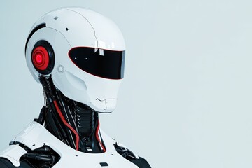 Robot head featuring a sleek design and visible internal mechanics against a light background, symbolizing future and innovation