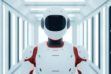 Advanced robot with artificial intelligence standing in a modern, brightly lit sci fi spaceship or laboratory hallway