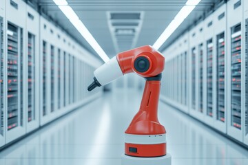 Robotic arm operating within a modern data center, symbolizing automation, artificial intelligence, and cutting edge technology